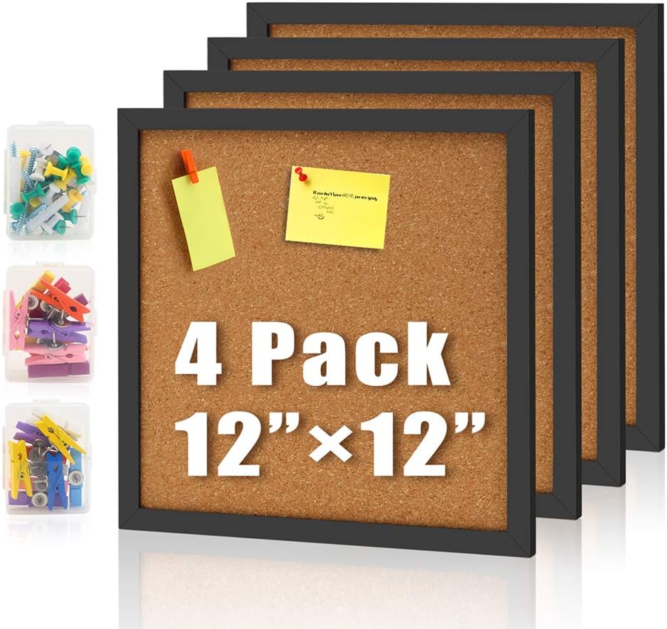 Bulletin Board 4 Packs Pareiko 12" X 12" Corkboards Black Framed Cork Tiles Square Pin Board Modern Decorative for Office Home School Wall (Including 20 Push Pins 20 Colorful Clip Pins)