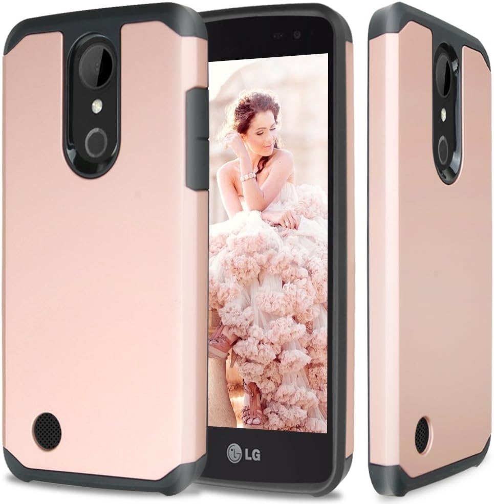 TJS Phone Case Compatible with LG K20 Plus/LG K20 V/LG Harmony/LG Grace 4G LTE, Dual Layer Hybrid Shockproof Drop Protection Impact Cover (Rose Gold)