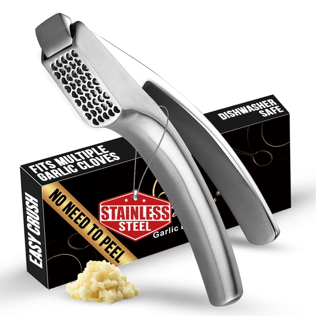 No Peeling Required Garlic Press Stainless Steel Detachable Handle for Coarse Mince, Premium Garlic Mince Tool, Rust-Proof, Easy to Clean, Dishwasher Safe, Garlic Crusher with Lifetime Replacement