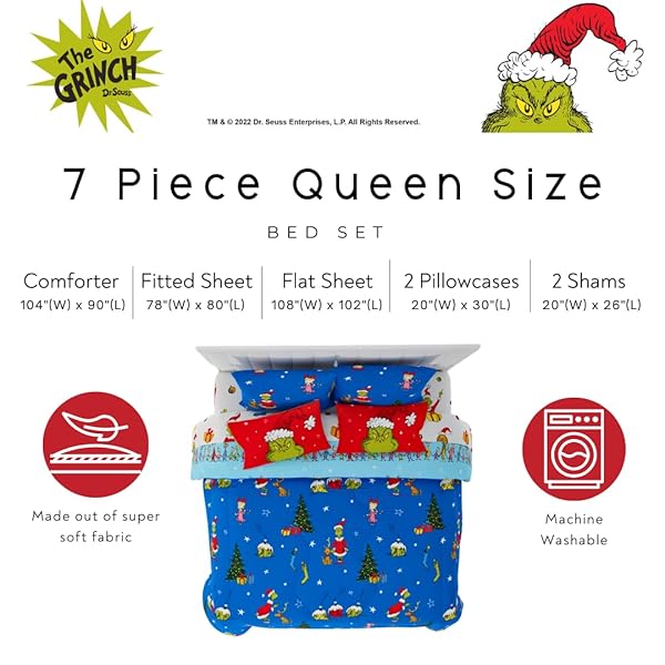 GRINCH BY DR. SEUSS HOLIDAY & CHRISTMAS BEDDING SUPER SOFT COMFORTER AND SHEET SET WITH SHAM, 7 PIECE KING SIZE (OFFICIAL DR. SEUSS PRODUCT) BY FRANCO