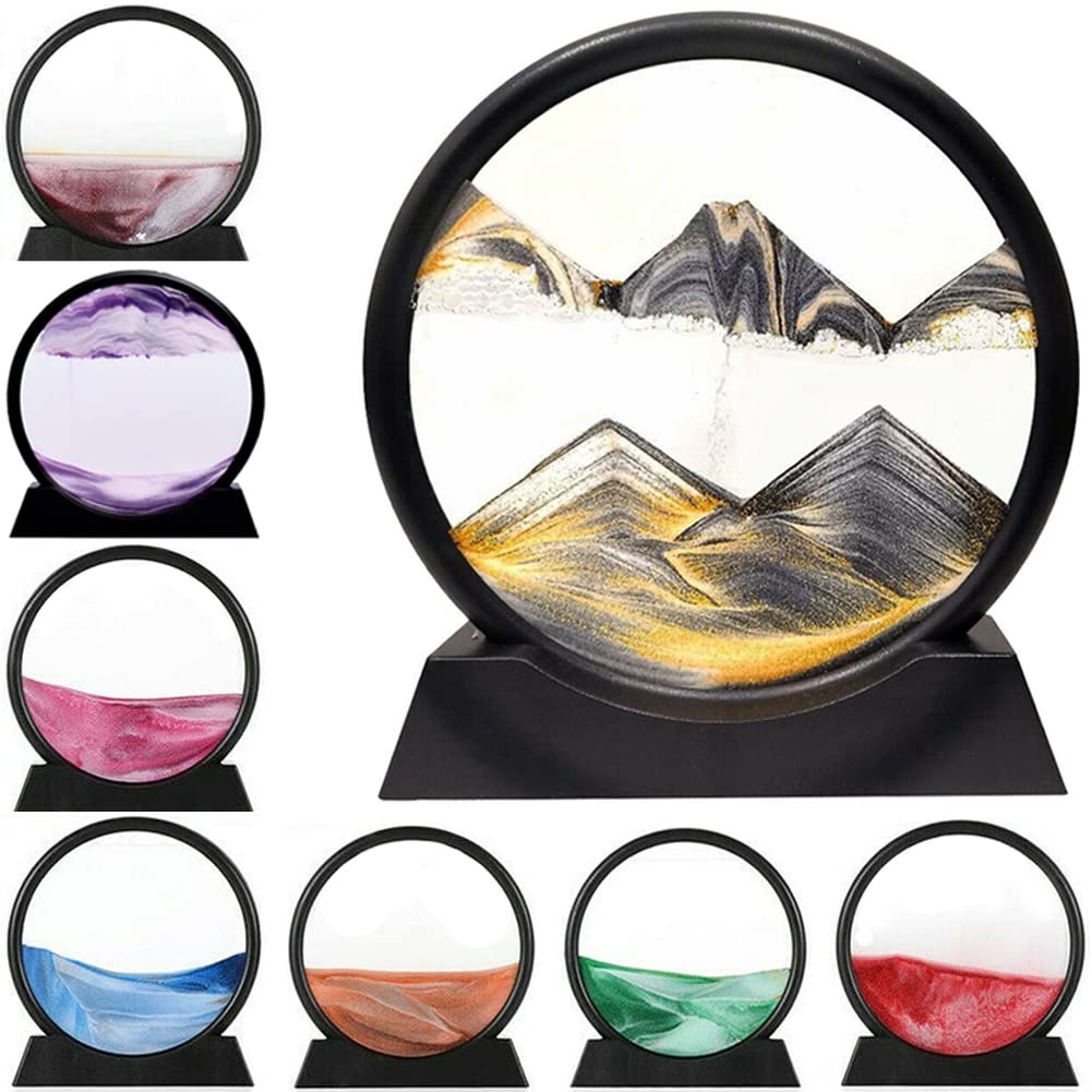 LINPING Flowing Sand Painting,Moving Sand Art Picture Round Glass 3D Deep Sea Sandscape in Motion Display Flowing Sand Frame, Home & Office Desktop Decorations (12 Zoll, Black)