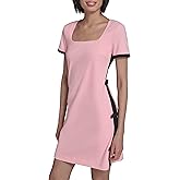 Karl Lagerfeld Womens Short Sleeve Square Neck Bow Embellished Shift Mini Dress