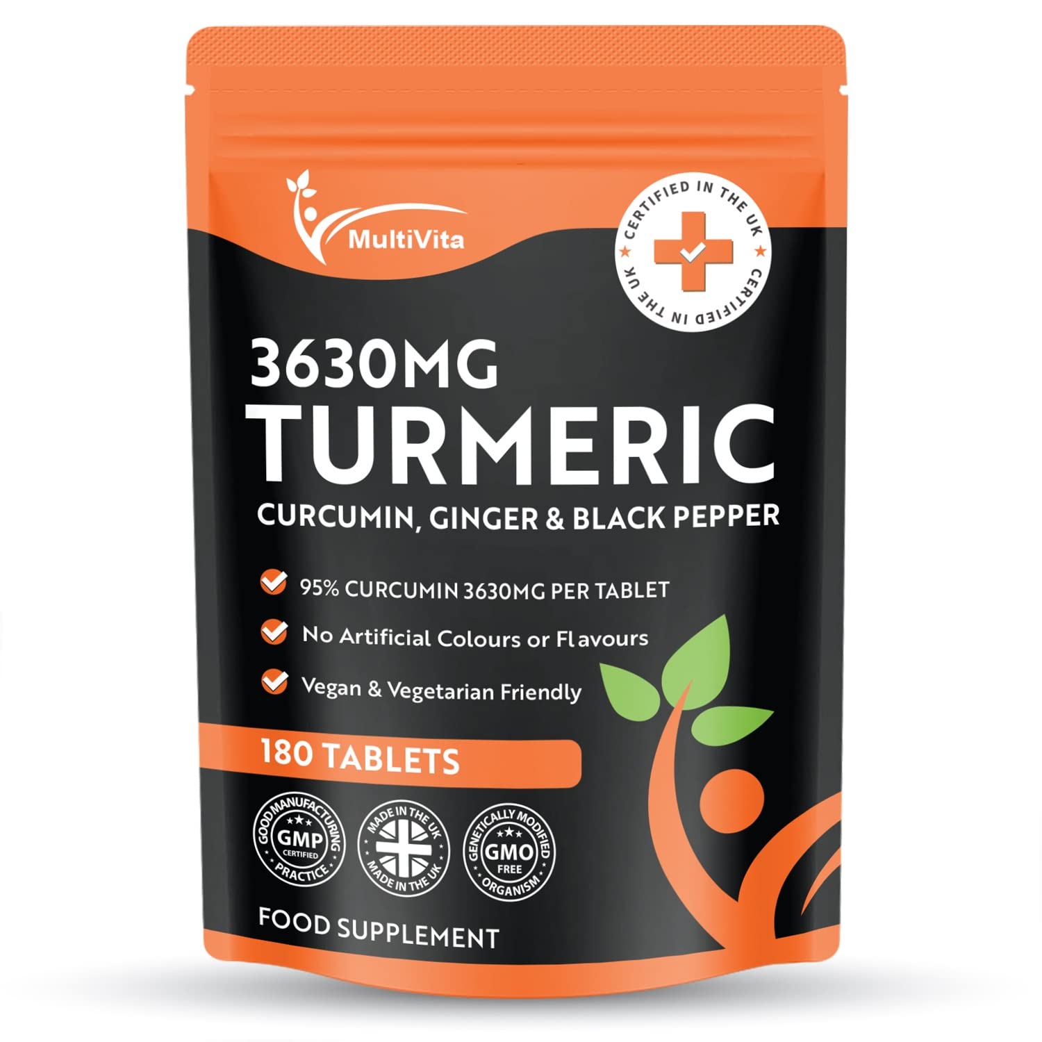 Multivita Turmeric Curcumin Plus Ginger and Black Pepper Tablets | 180 x 3,630mg High Strength Vegan Tumeric Supplement (Not Capsules or Powder) Natural Joint Aid UK Made GMP