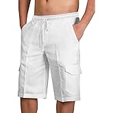 PASLTER Mens Cotton Linen Shorts Casual Elastic Waist Drawstring Lightweight Summer Beach Cargo Shorts