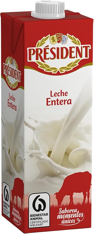 - Leche Président Entera, Leche Natural de Galicia, Fuente de Calcio y Proteínas,Sin Gluten, Bienestar Animal, Pack 6 x 1 L