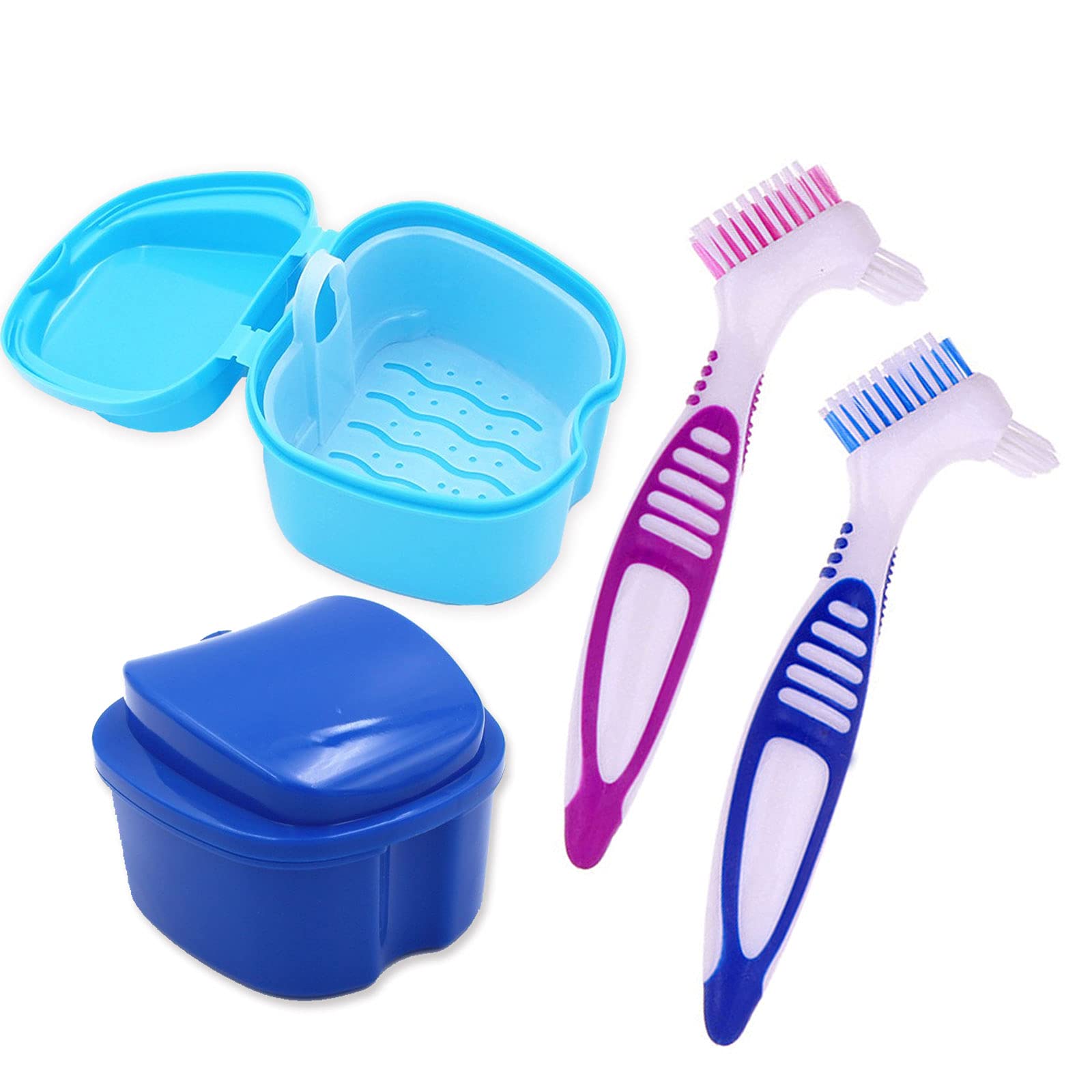 HRASY Denture Bath Case with Denture Cleaning Brush Kit - 2 Pcs Denture Bath Case Cup Box Holder Storage Soaking Container with Strainer Basket | 2 Pcs Denture Toothbrushes for False Teeth Cleaning