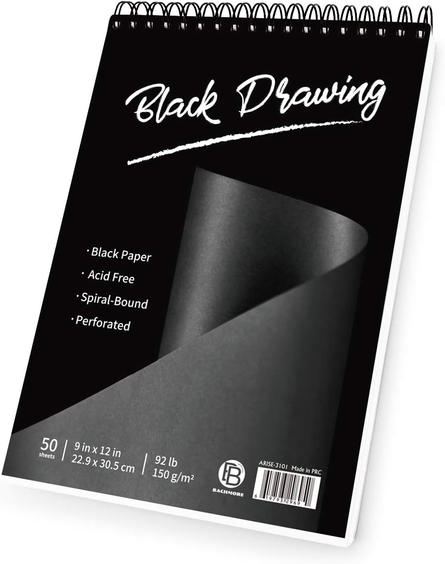 Bachmore Black Drawing Pad, 9X12 inch (92lb/150gsm), 50 Sheets of Top Spiral-Bound, Perforated,Heavyweighted Paper for Graphite, Acrylic, Colored Pencils, Charcoal, Opaque Inks, Gouache & Pastels: Arts, Crafts & Sewing