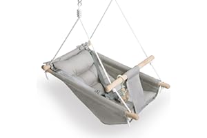 GLADSWING Baby Swing Indoor and Outdoor, Canvas Hammock Swing for Baby to Toddler with a Comfortable Seat, Macaroon Wooden Toy, Adjustable 5-Point Harness,3 Modes,Gift for Baby Boys Girls, Grey