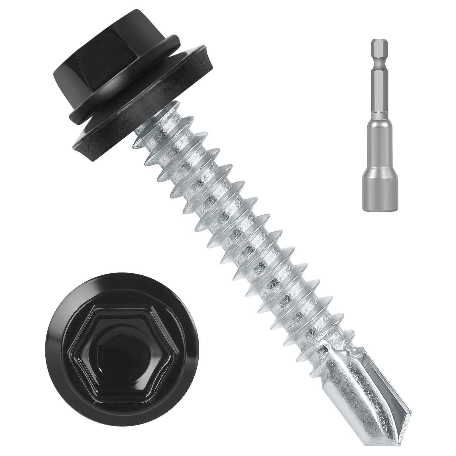 Photo 1 of #10 x 1-1/2" (200 PCS) Black Metal Roofing Screws with Rubber Washer, Hex Head Metal to Wood Self Tapping Siding Screws, Self Drilling Sheet Metal Screw, Hex Bit Socket Included