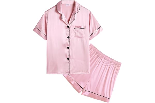 SWOMOG Silk Satin Pajamas Set Button-Down PJs Two-Piece Lounge Sets Short Sleeve Sleepwear with Long Pants
