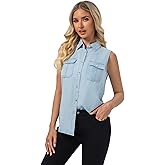 FASHIONSPARK Jean Sleeveless Collared Shirts for Women, Button Down Casual Blouse Women Denim Tank Top with Pockets