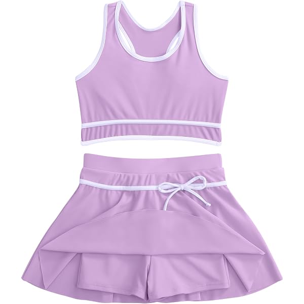 Girls High Waist Bikini Set 2-Piece - Color Block Swimwear With Skirt For Ages 4-13 Years