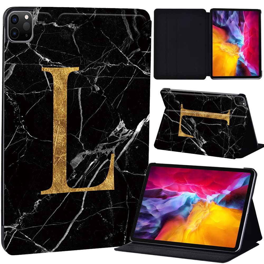 PU Leather + hard shell Ultra slim lightweight Folio Flip Tablet Stand Smart Cover Case Fit iPad Air 4 10.9" (2020) / iPad Pro 11" (2018 2020 2021) (letter L on black marble)