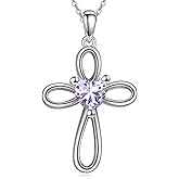 VONALA Cross Necklace 925 Sterling Silver Birthstone Heart Cross Pendant Necklace Easter Christian Baptism Religious Faith Jewelry for Women