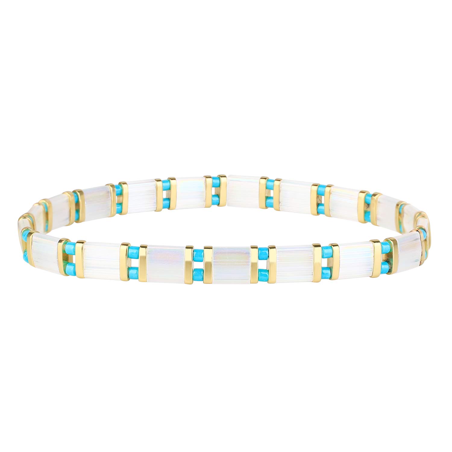 KELITCH New Miyuki Tila Beaded Stretch Bracelets Women Tila Bracelets Stackable Friendship Bracelets - Clear White 10G