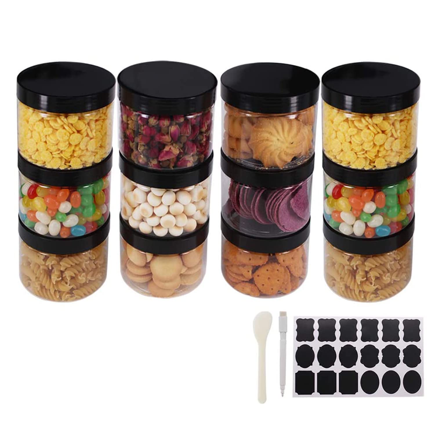 YBCPACK 12 Pack 8 OZ 250ML Round Clear Plastic Jars With Lids, A Spatula, A Pen & Labels - BPA Free PET Container for Cosmetics, Cream, Bathroom, Kitchen, Gifts & Travel Plastic Slime Storage Jars