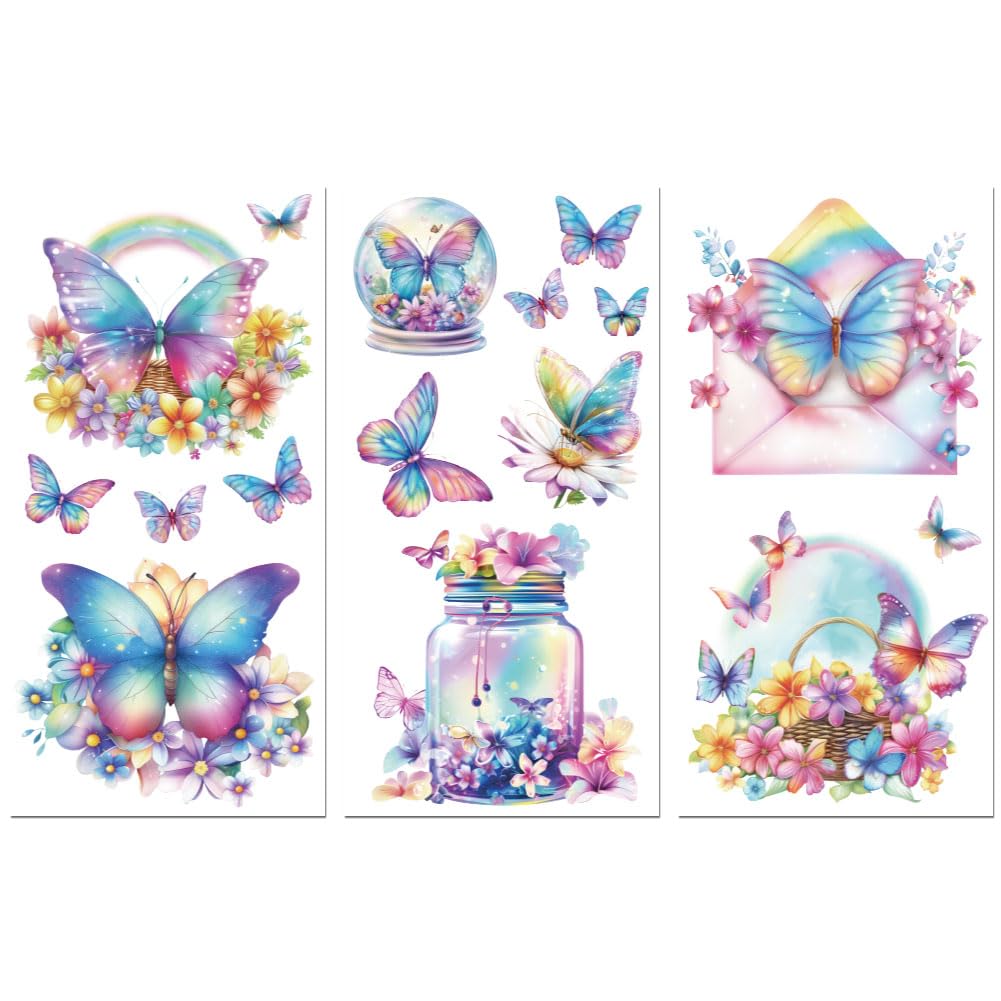 Peacoblue Blue Rub on Transfers for Crafts 3Pcs Rainbows and Butterfly 15cmx30cm, UV DTF Waterproof Japanese Furniture Transfer for Chest of Drawer Dresser Glass Porcelain Wood Plastic