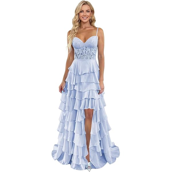 Amazon.com: NIKBK Tiered Tulle Prom Dresses Long Ball Gown A-Line Ruffle  Strapless Corset Sparkly Formal Evening Dress with Slit Green : Clothing,  Shoes & Jewelry