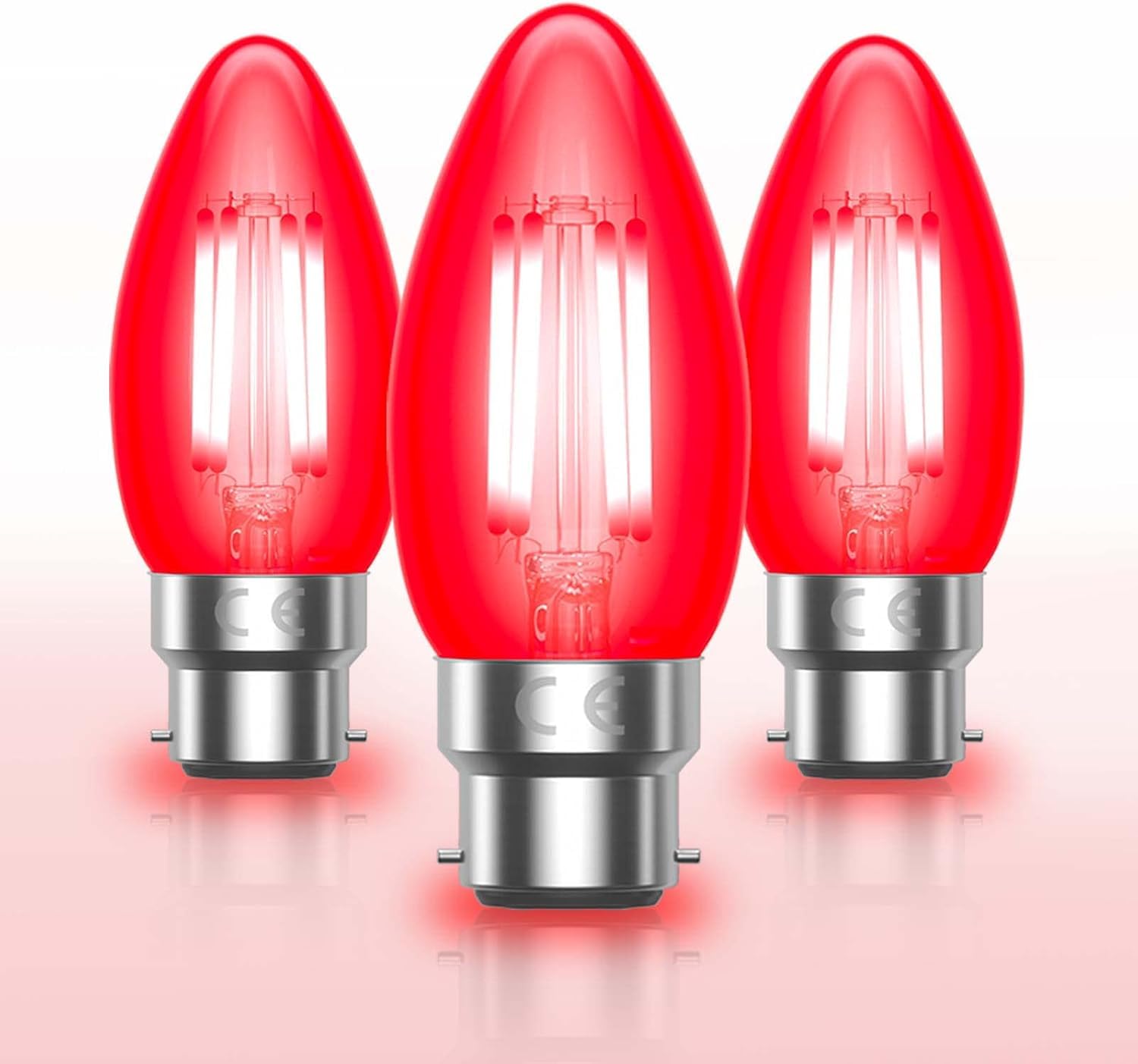 Bonlux Red Led Light Bulb Bayonet 4W C35 Candle Bulbs 40W Equivalent, B22 LED Filament Bulb Red Fireglow Bulb, Non-dimmable, Clear Glass for Electric Fireplace, Christmas Decor, Sleep Lighting- 3Pack — image 1
