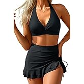 Yonique Womens High Waisted Bikini with Skirt Two Piece Swimsuit with Tummy Control Halter Bathing Suit