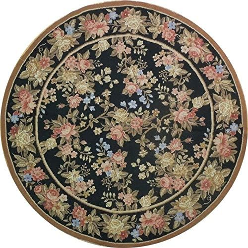 Black Rug 5' x 5' Round Roses Bouquet Great Gift Needlepoint Handmade Rug