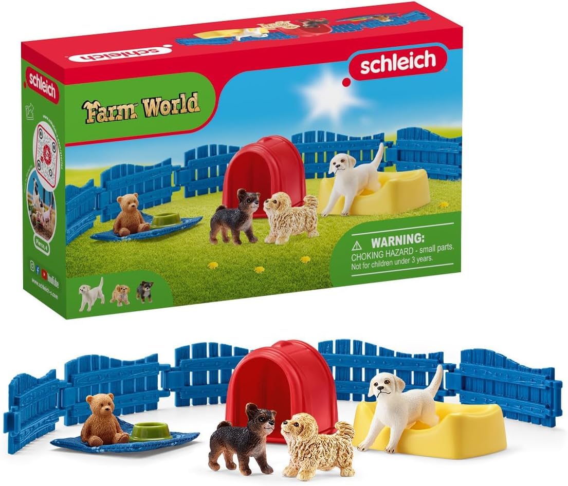 SCHLEICH Farm World 13-Piece Puppy Pen Playset - Featuring 3 Cute Puppy Figurines and Accessories, Educational and Durable Toys, Fun and Imaginative Play for Boys and Girls, Gift for Kids Ages 3+