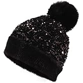 Homiton Women Sequin Knitted Beanie Hat with Faux Fur Pom-Pom Shiny Bling Skull Cap