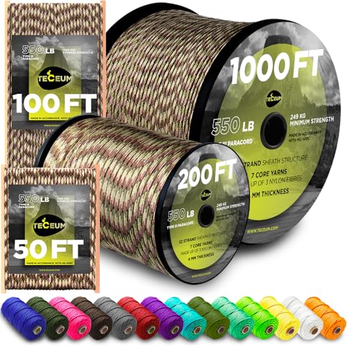 TECEUM Paracord Tipo III 550 Camo – 30 m – 4mm – Cuerda Táctica MIL-Spec – Equipo y Suministros de Camping, Senderismo y Pesca – Cuerda Paracaídas EDC – Cuerda de Supervivencia Fuerte(100ft) 788