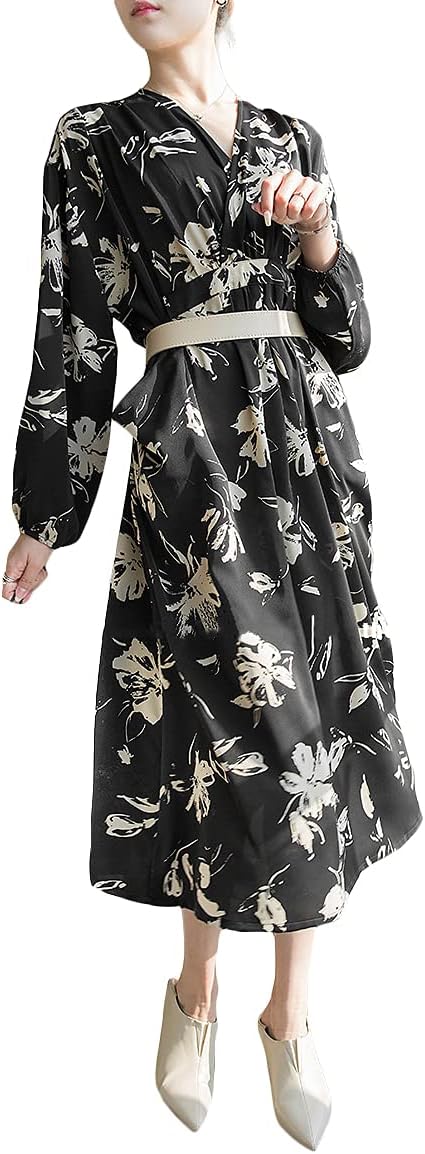 Amazon マキシワンピース ロングドレス レディース 長袖 花柄 黒 ベージュ ゆったり ふわふわ 春夏 体型カバー 着痩せ エレガント お洒落 森ガール 可愛い 旅行 デート ワンピース チュニック 通販