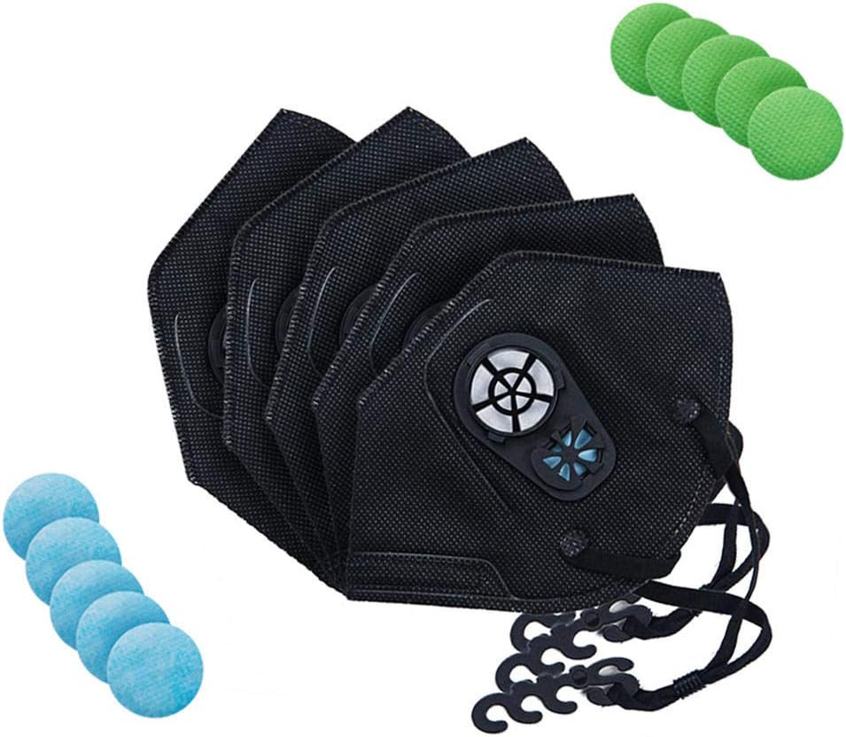 KINGDUO 5Pcs Face Mask Reusable Dust-Proof Anti Pollution Respirator With Breathe Valve With Filters-Black
