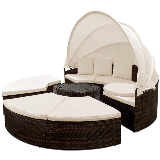 Deuba Poly Rattan Garden Day Bed Ø185cm Sun Isle Lounger with Canopy