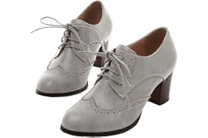 SHEMEE Women's Chunky High Heels Wingtip Oxfords Round Toe Lace Up Stacked Block Heel Vintage Brogues Pumps Shoes