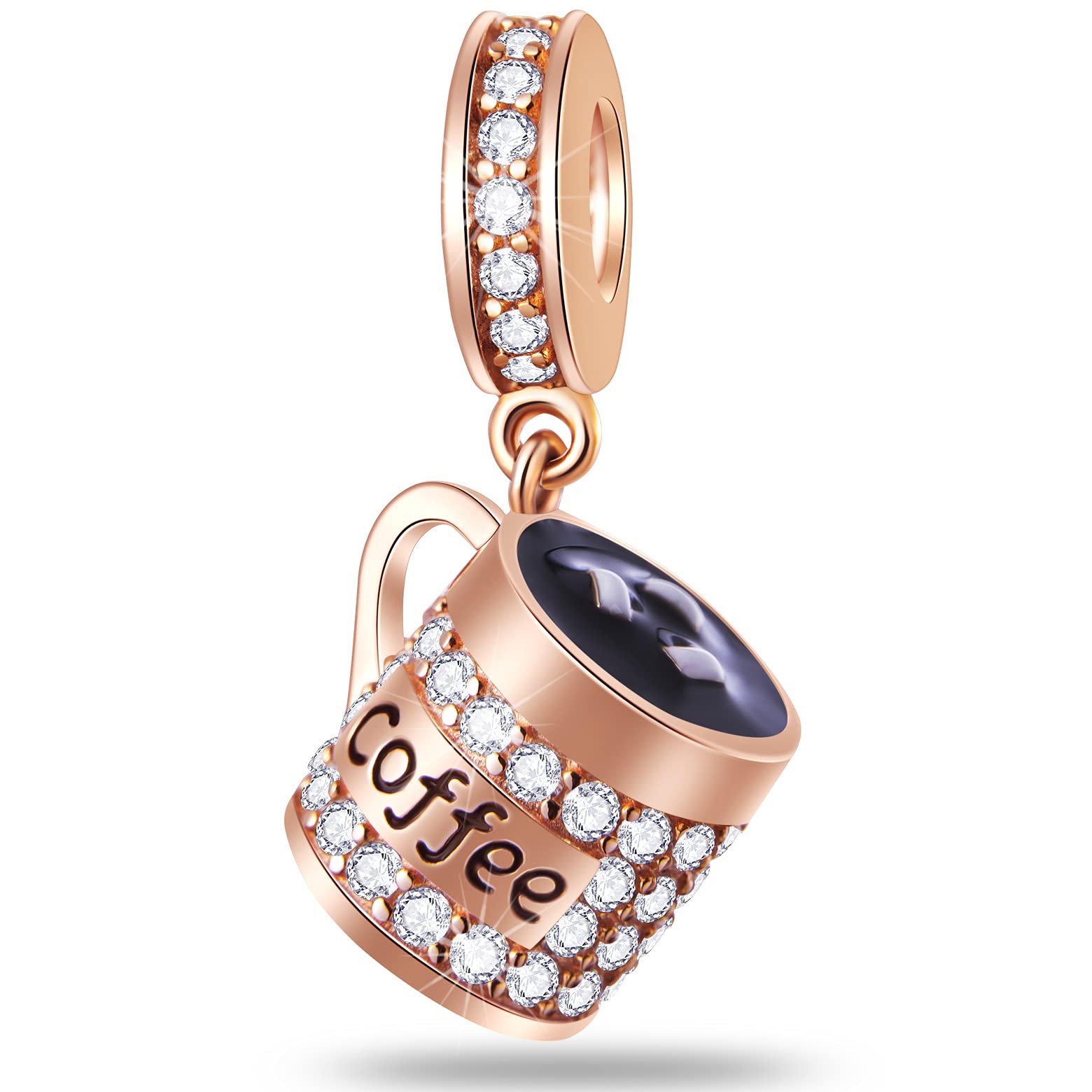 Dangle Rose Gold Coffee Cup Charms, fits Pandora Valentines Day Bracelet Necklace, 925 Sterling Silver I Love Coffee Mug CZ Pendant Beads, Gifts for My First Mothers Day/Christmas