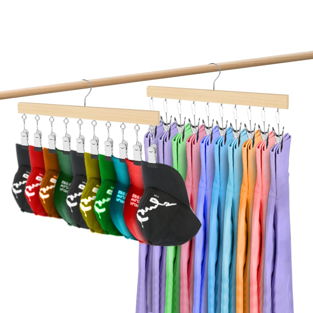 LMSAWK 2 Pack Hat Organizer Hanger, Legging Organizer for Closet, 20 Clips 360° Revolve Wooden Hanger for Socks, Face Mask, Towels, Gloves(Nature)