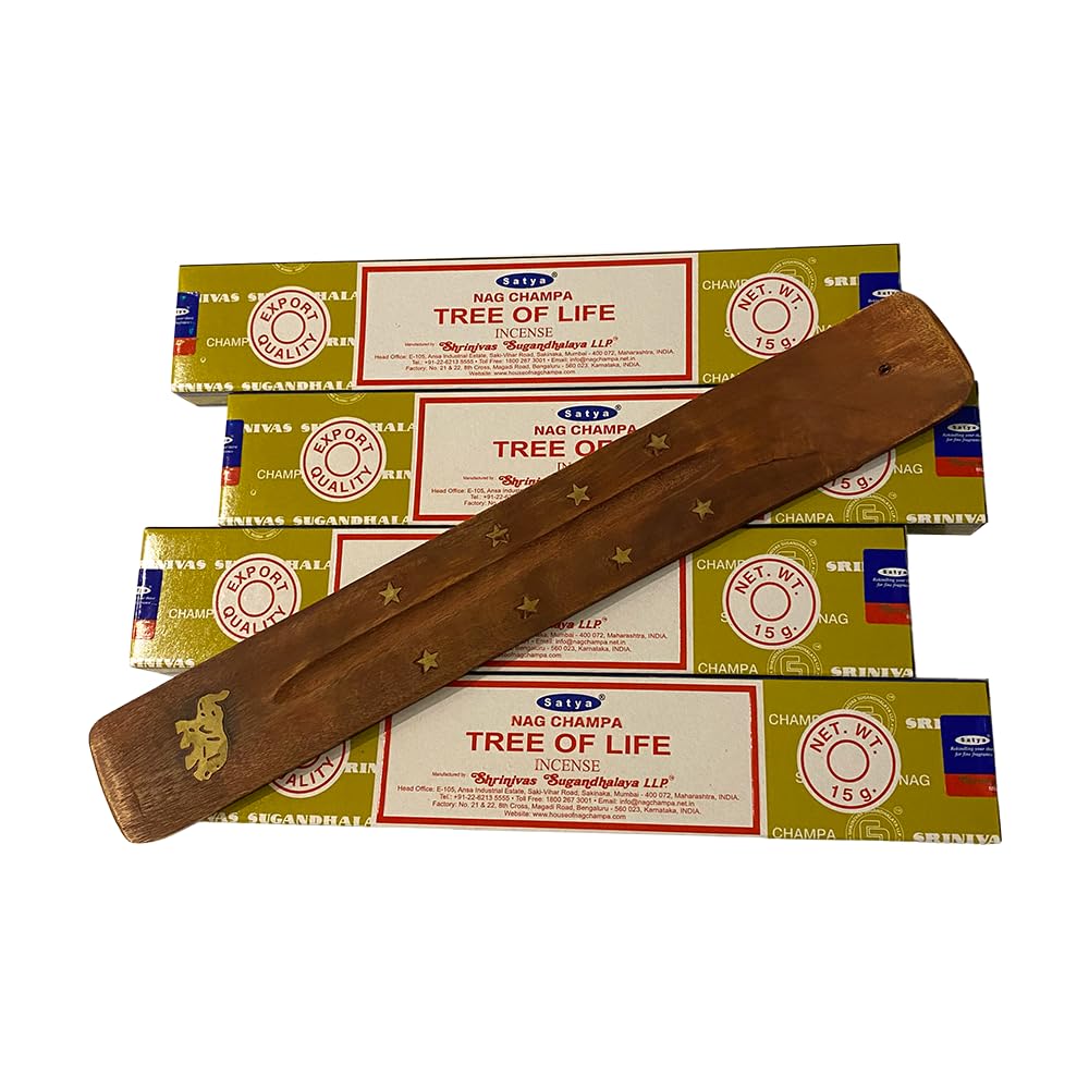 VIE Satya Incense Sticks, 4 Packs x 15g, with Incense Holder, Tree of Life