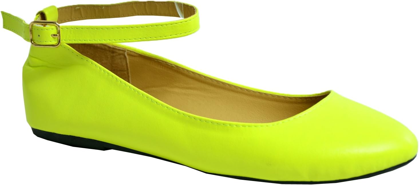 CucuFashion New Womens Ankle Strap Ballerina Ladies Pumps Ballet Flats Shoes Size UK 3-8 Neon Yellow