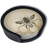 Vintage Bee Leather Drinks Coasters with Holder Set of 6, Suitable for Kinds of Cups