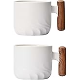 Zurucily Porcelain Espresso Cups Set of 2, Small Tea Cups, 2 oz Ceramic Espresso Cups with Wooden Handle
