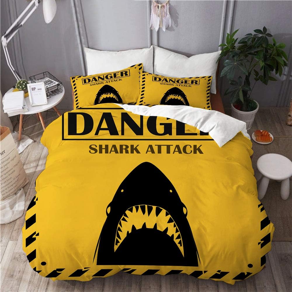 Haveia Microfiber Lightweight Duvet Cover Sets,Shark Sighting Sign Yellow Danger Shark Attack Design,Decorative 3D Print Bedding Set with 2 Pillow case Twin Size