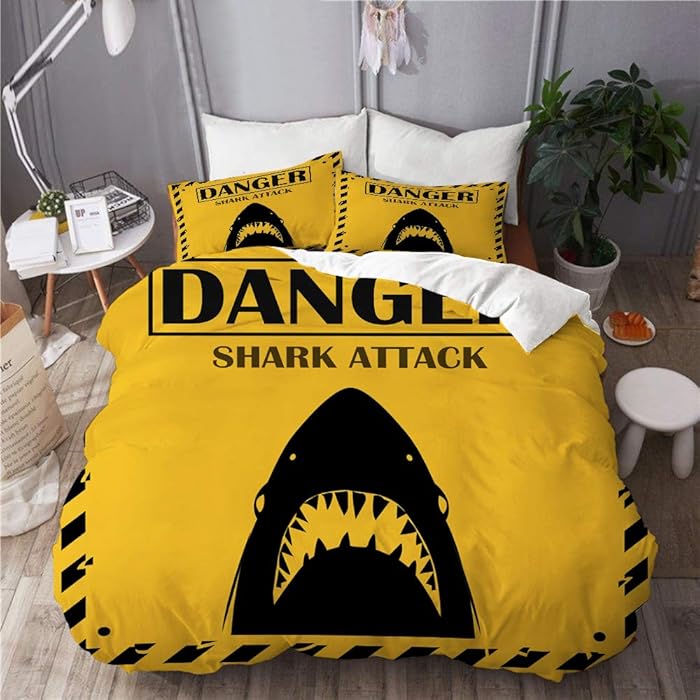 Haveia Microfiber Lightweight Duvet Cover Sets,Shark Sighting Sign Yellow Danger Shark Attack Design,Decorative 3D Print Bedding Set with 2 Pillow case Twin Size