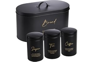 Hacaroa Set of 4 Bread Box and Canister Set for Kitchen Countertop, Metal Bread Bin Sugar Tea Coffee Storage Canister with Li