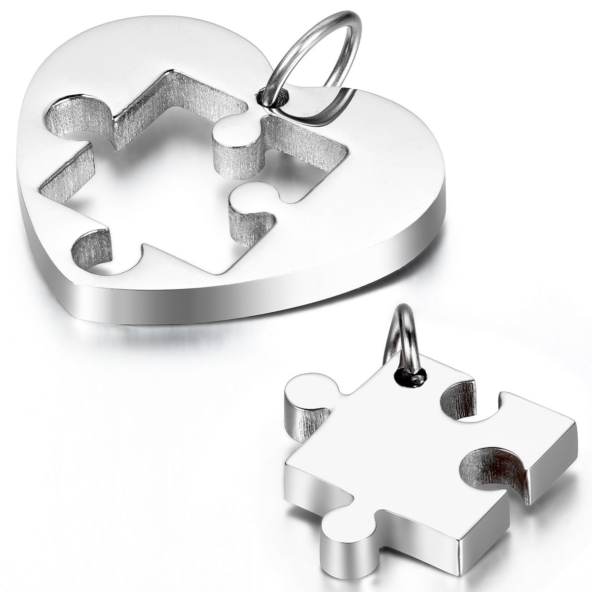 JewelryWe 2pcs Couples Stainless Steel Heart Puzzle Pendant Love Necklace Set for Men Women, 18 and 21.3 inch Chain, Silver — image 1