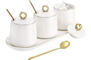Foraineam Porcelain Sugar Bowl with Lid and Spoon Set of 3, Condiment Jar Coffee Bar Accessories, 8 oz Salt Server Spice Cont