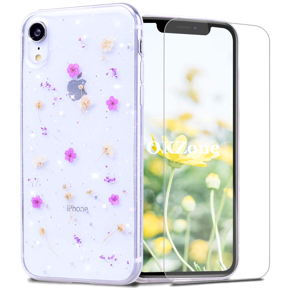 OKZone for iPhone XR (6.1 Inches) Case [with HD Screen Protector], [Dried Flowers] Silicone Shockproof Clear Glitter Floral Cover Soft Resin Art Craft Bling Protective Case (Purple)