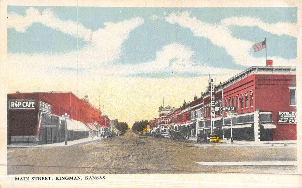 Kingman Kansas Main Street Scene Historic Bldgs Antique Postcard K46594