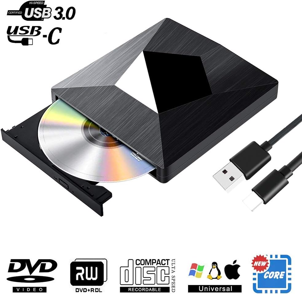USB C External CD DVD Drive, USB Type C Adapter to USB 3.0 Superdrive DVD CD+/-RW Burner Writer Optical Drive Compatible with MacBook/iMac/Laptop/Windows (Small)
