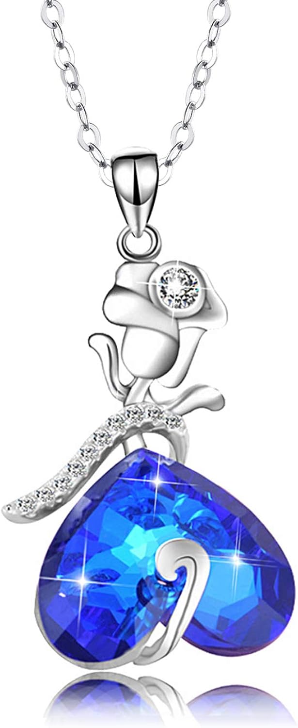 praymos Blue Crystal Pendant Heart Necklace for Women Anniversary Jewelry for Her