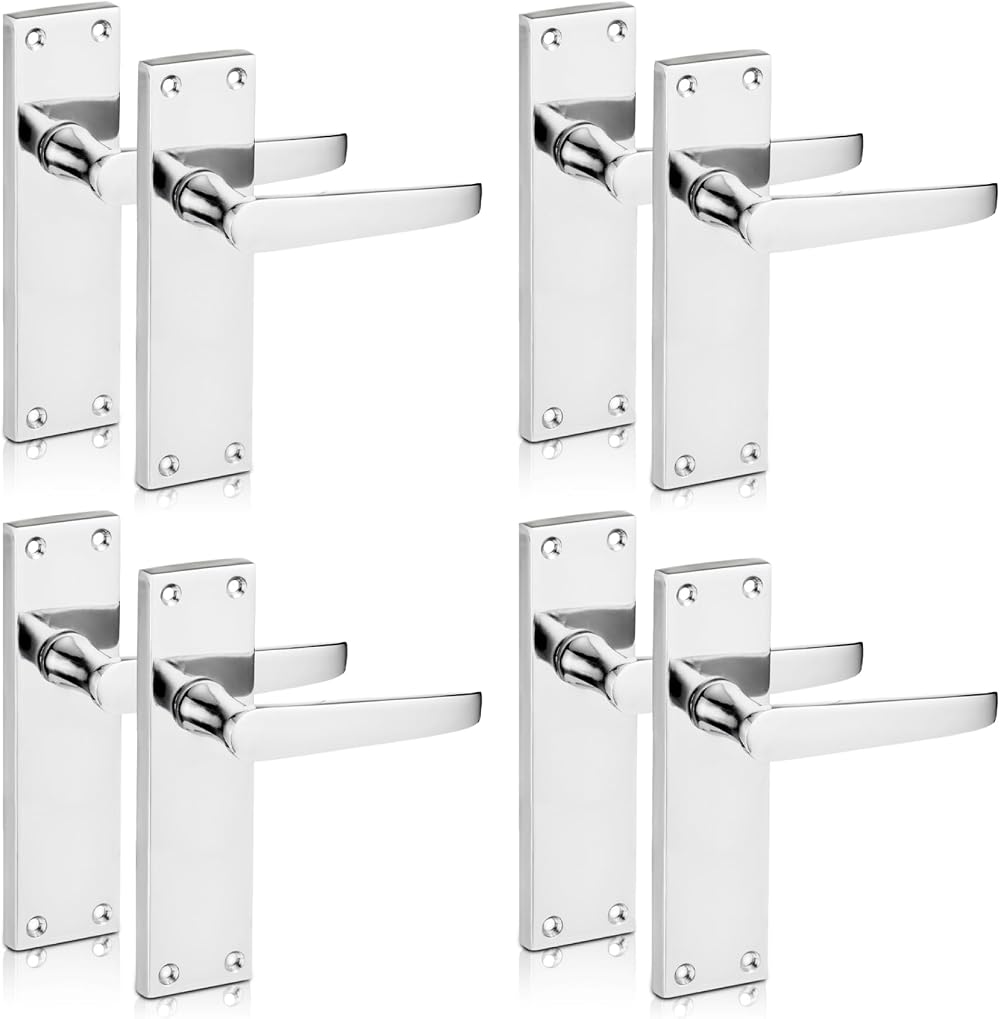XFORT Polished Chrome Lever Latch Door Handle Victorian Flat Set 4 Pairs