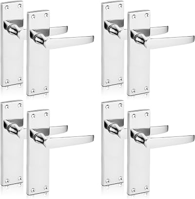 XFORT Polished Chrome Lever Latch Door Handle Victorian Flat Set 4 Pairs
