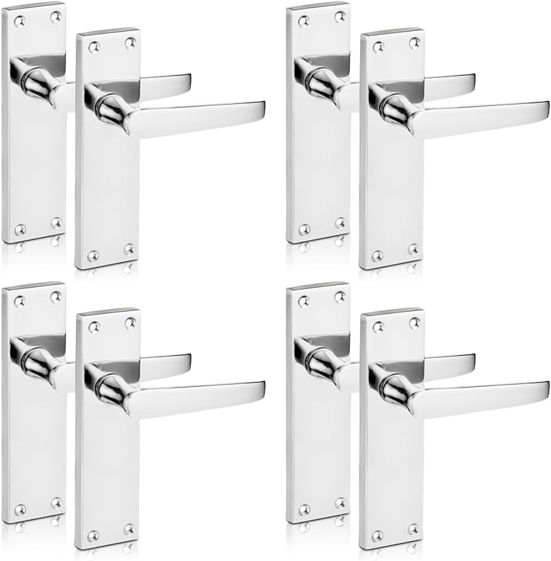 XFORT Polished Chrome Lever Latch Door Handle Victorian Flat Set 4 Pairs